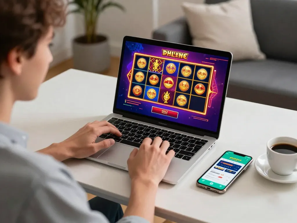 Engaging gameplay on tg88 with colorful slot games on laptop screen in a cozy setup