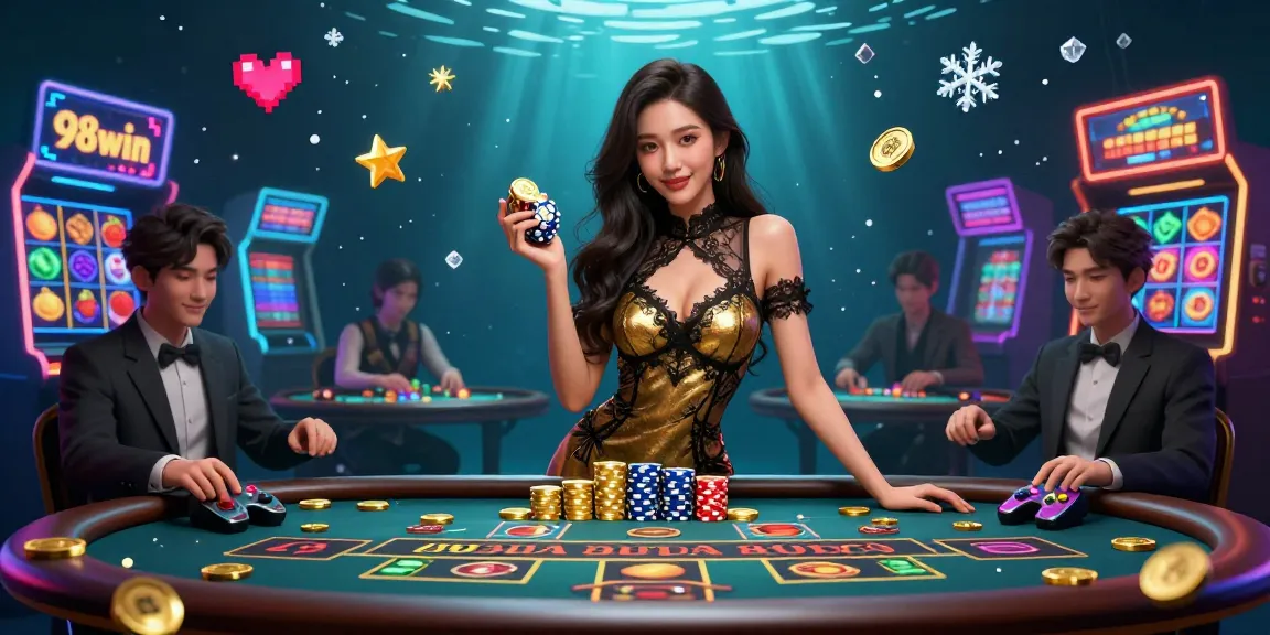 Experience immersive gaming action with 98win at an exclusive baccarat table surrounded by vibrant casino elements.