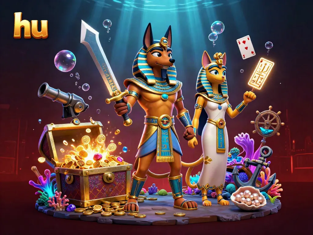 Experience thrilling gameplay at hu's vibrant casino with Anubis and Bastet amidst dazzling treasures.