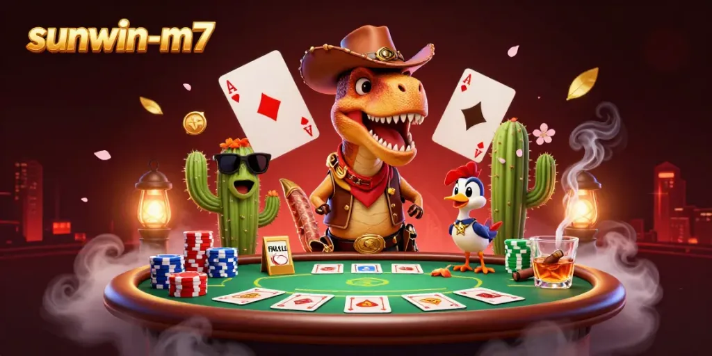 Engage in thrilling gameplay with the sunwin-m7 T-Rex cowboy and card game excitement.