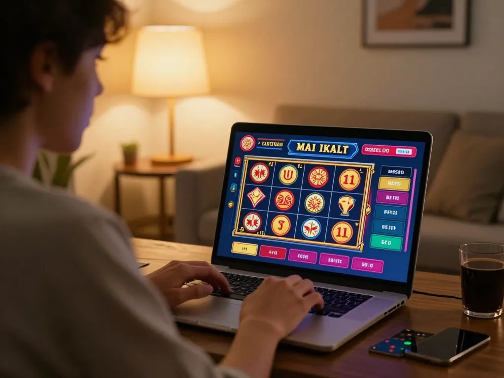 Engaging scene of a player exploring 8kbet com on a laptop, showcasing an immersive online gambling experience.