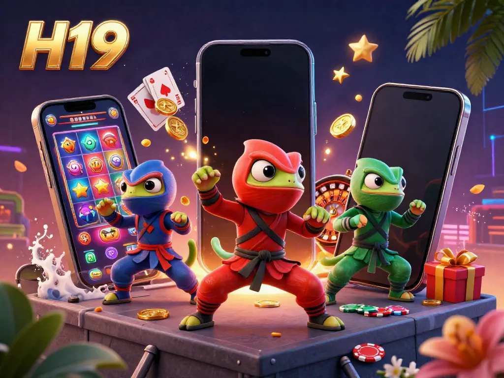 Experience H19 with engaging ninja chameleons amidst vibrant casino elements and dynamic gameplay.