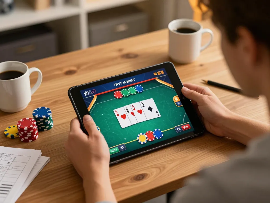 vin88sa player enjoying an online poker game on tablet with vibrant chips and cards