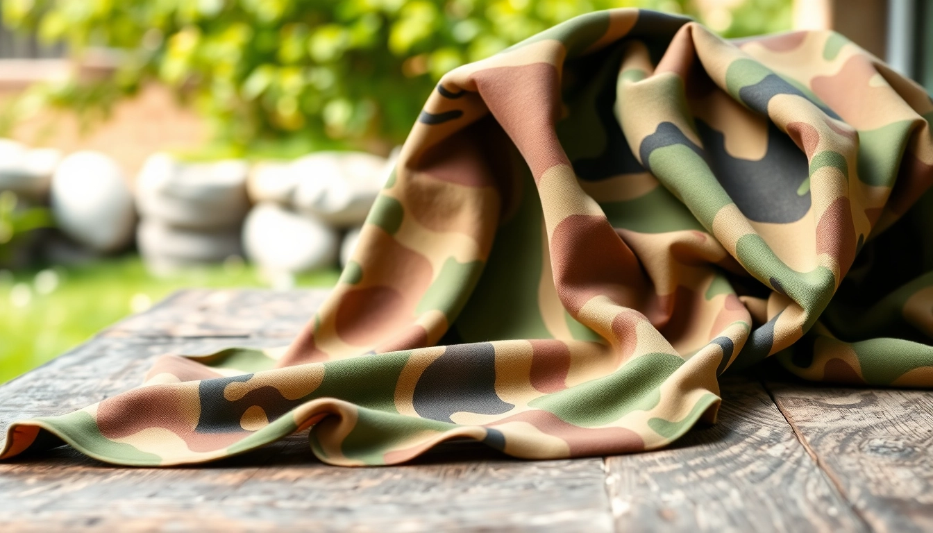 Bekijk army print katoen met een gedetailleerd camouflagepatroon op een rustieke tafel.