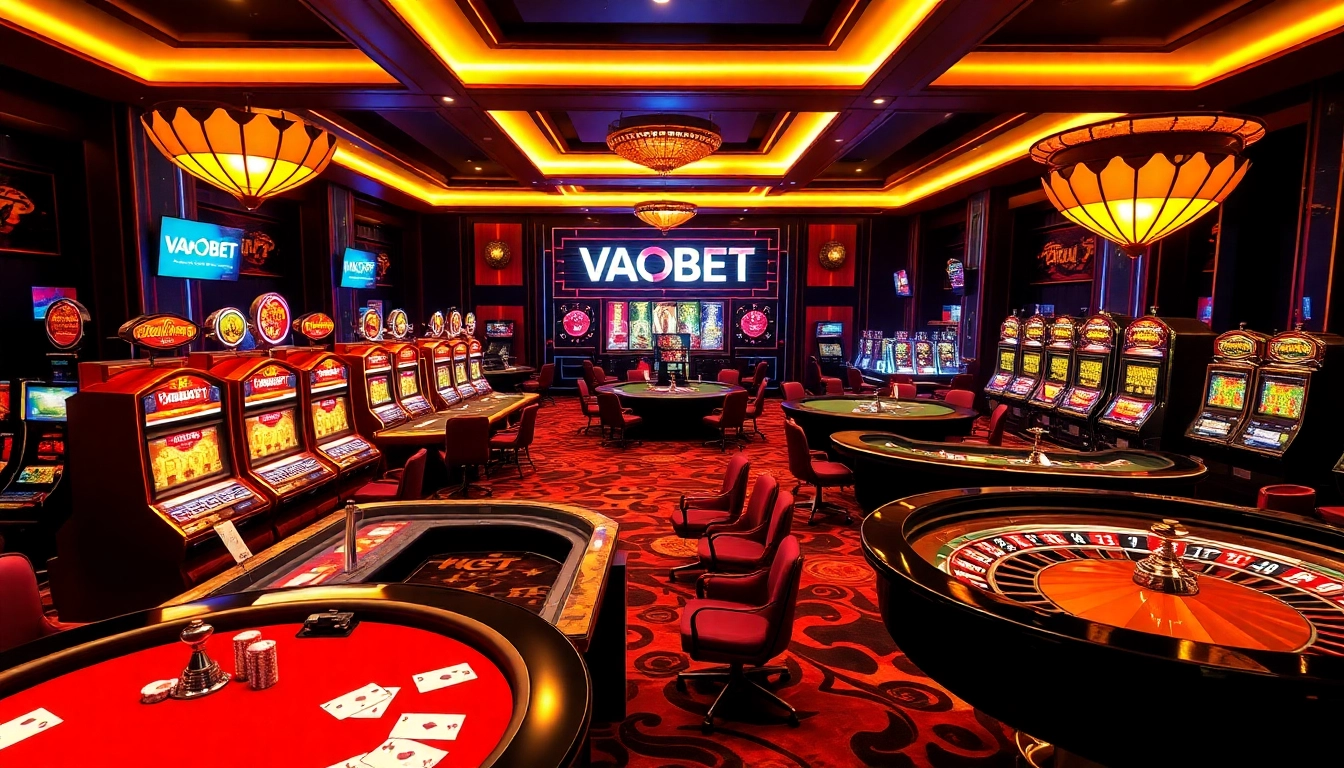 Experience the excitement of gambling at VAOBET with luxurious casino tables and vibrant slot machines.