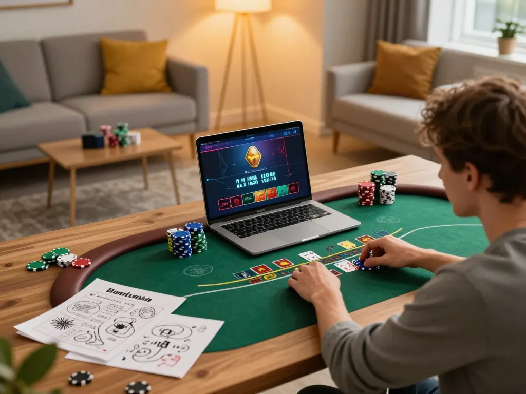 Player enjoying live casino poker online at home with lc88 app open, showing excitement and strategic focus.