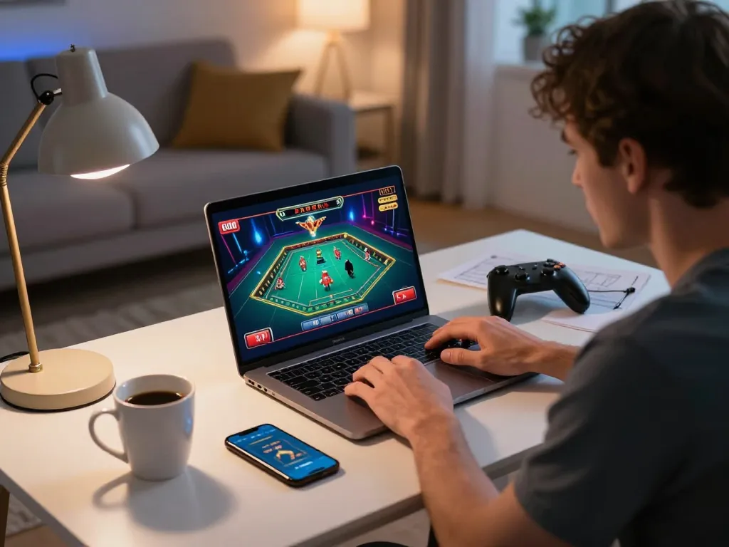 Link vào Da88 - Player engaged in online casino gaming at home with laptop and strategy notes