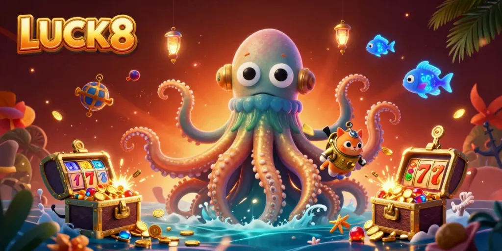 LUCK8 illustration featuring a kraken and a diving cat amidst a vibrant underwater casino scene