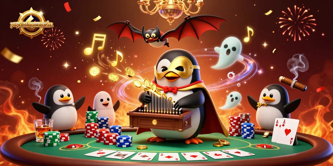 Engage with psychologeneureka's thrilling casino scene featuring a penguin playing music while coins rain down.