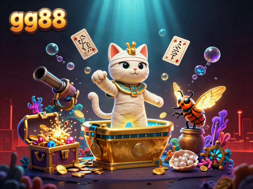 Experience the excitement of gg88 with a mummy cat and scarab beetle in a vibrant casino scene.