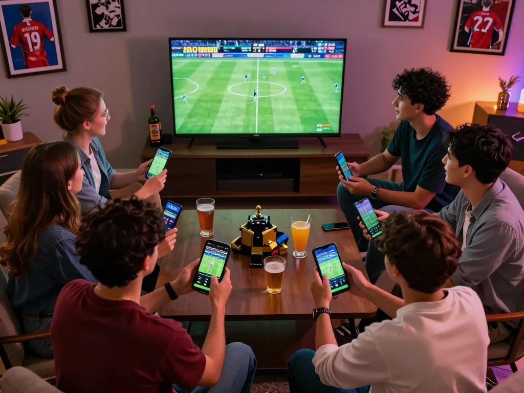 Xoilac online sports betting session with friends excitedly watching a live game and placing bets on their mobile devices.