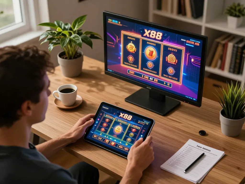 Engaging online casino experience with x88 interface in modern home setting