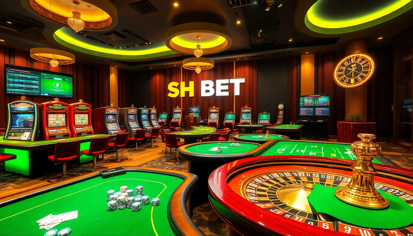 Experience the thrill of SH BET at an elegant online casino featuring vibrant slot machines and gaming tables.