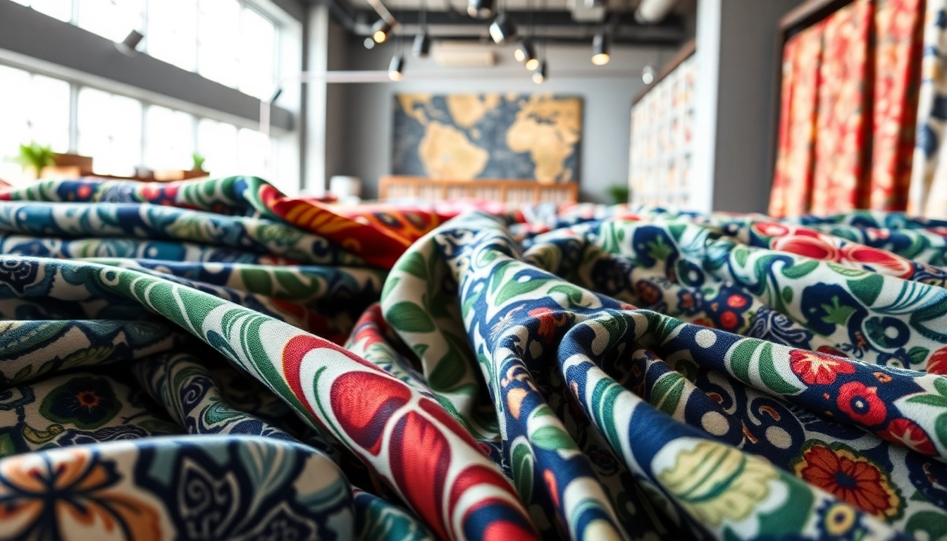 Bedrukte stoffen kopen: kleurrijke, stijlvolle stoffen in een moderne showroom.