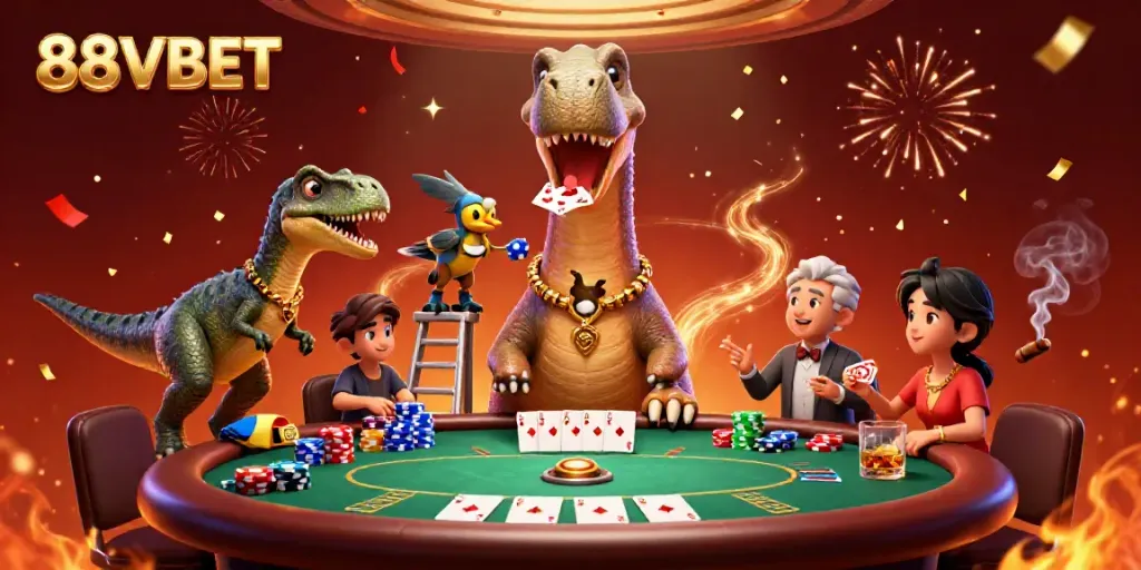 Engage in thrilling moments with the 88VBET scene showcasing a playful dinosaur and clever raptor at a poker table.