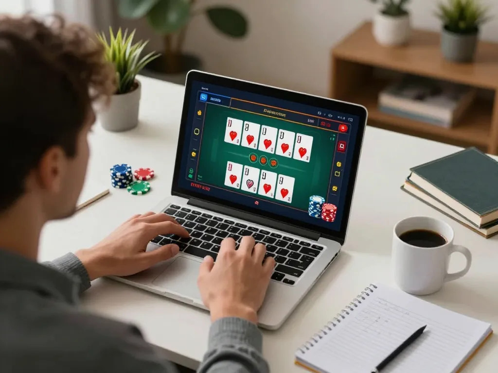 Red88 player analyzing poker strategy while betting online from home, laptop displaying game interface.