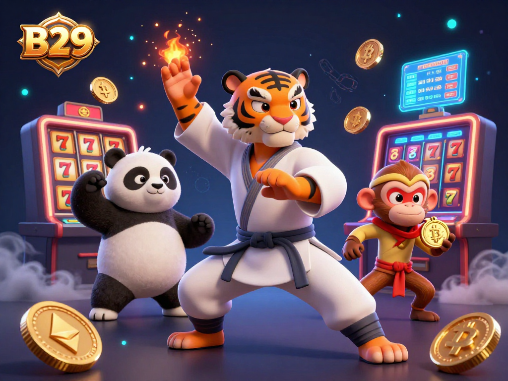 B29 casino showcases a fun scene with a kung fu tiger, panda disciple, and monkey stealing a medal in an exciting gambling setting.