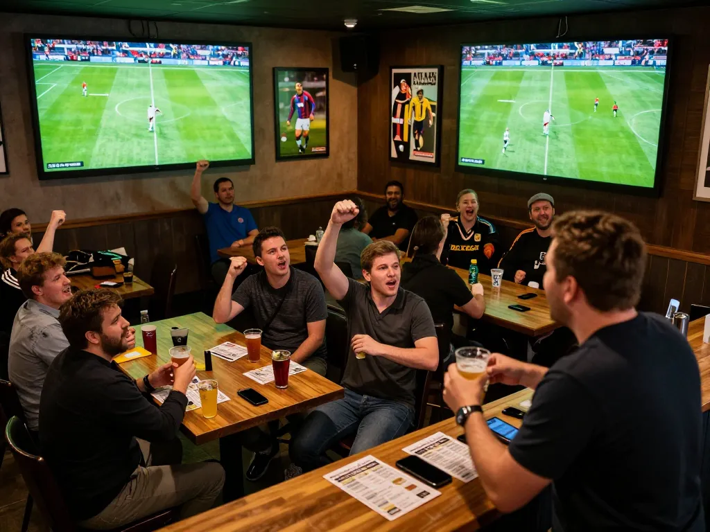 Socolive viewers cheering while placing bets during a live football match at a lively sports bar