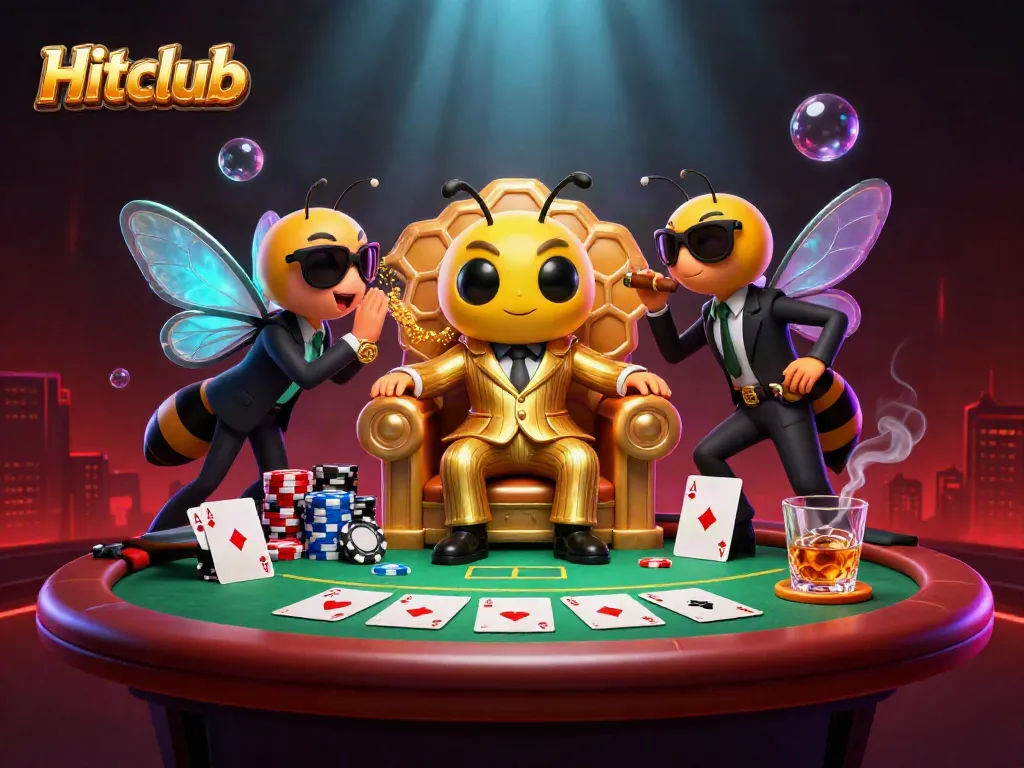 Hitclub showcases a dynamic 3D bumblebee mob boss orchestrating a thrilling poker game with vivid casino elements.