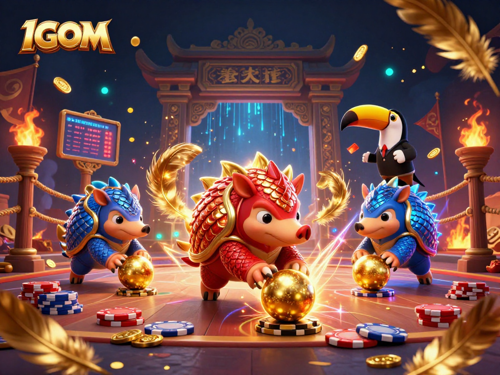 Experience thrilling gaming with 1GOM as playful pangolins compete amidst golden poker chips.