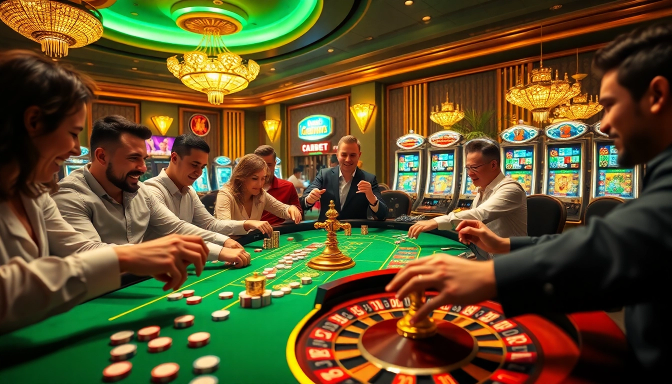 Players enjoying the F8BET COM casino experience at a luxurious roulette table with vibrant lights.