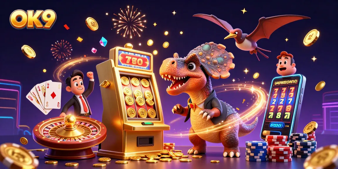 OK9 features a cartoon pachycephalosaurus jackpot scene attracting players with gold coins flying.