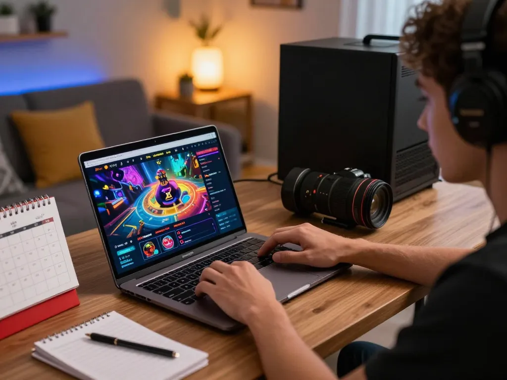 Engaged player enjoying 23wincom casino games on a laptop in a cozy home setting.