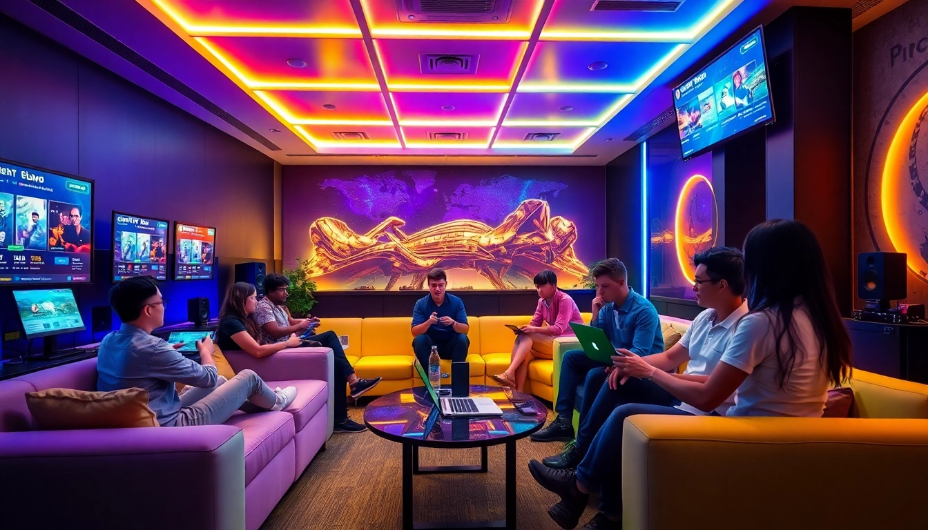 Dynamic scene showcasing 399W's modern gaming hub with vibrant lighting and creative atmosphere.