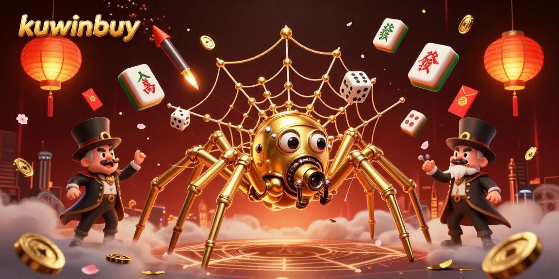 Engage with kuwinbuy's thrilling casino experience featuring steampunk spider, golden webs, and festive elements.