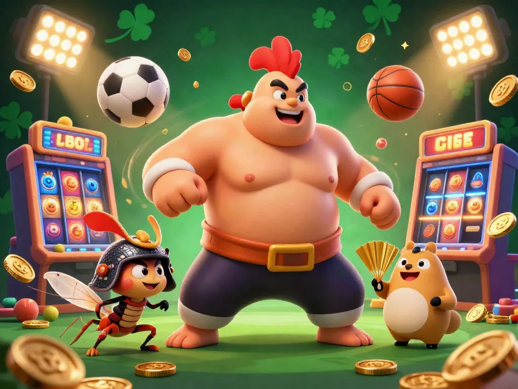 sunwin20 showcases a dynamic scene of thrilling gaming action with a massive sumo rooster, a fierce samurai cricket, and a tanuki announcer.