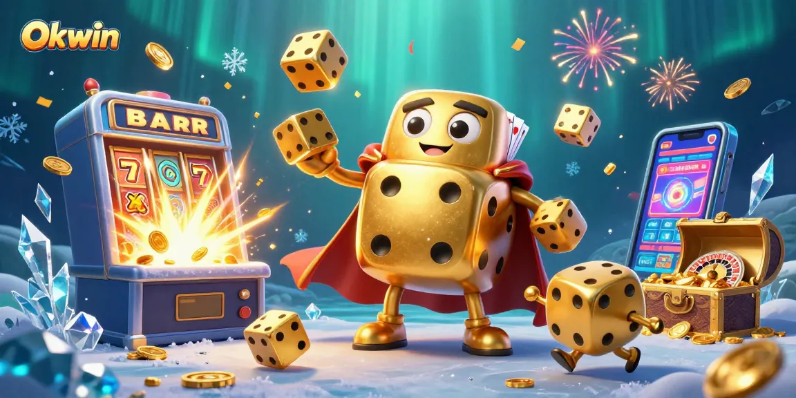 Okwin players engage with dazzling slot machines and golden dice in a vibrant casino scene.