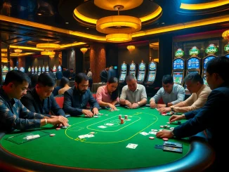Người chơi tham gia tại bàn poker chủ đề JD88 trong một khu casino sang trọng.