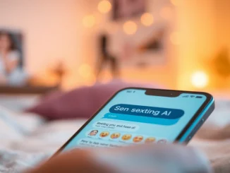 A close-up of a smartphone displaying a sexting AI conversation, showcasing engaging chatbot interactions in a cozy setting.