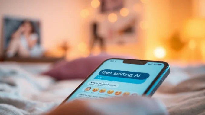 A close-up of a smartphone displaying a sexting AI conversation, showcasing engaging chatbot interactions in a cozy setting.