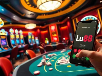 Experience the thrill of gambling as you tải lu88 on your mobile device amidst vibrant casino visuals.