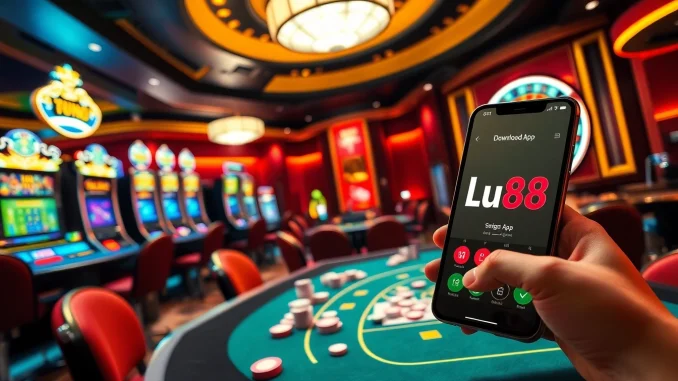 Experience the thrill of gambling as you tải lu88 on your mobile device amidst vibrant casino visuals.