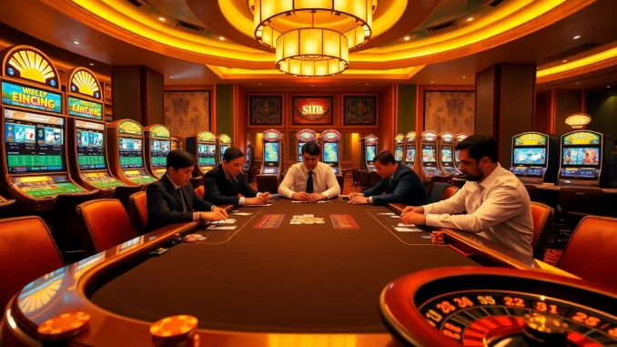 Intense poker game at a luxurious S8-themed casino with vibrant slot machines and professional players.