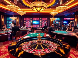 Exciting gambling scene depicting nk88 bio's vibrant casino atmosphere with poker and roulette tables.
