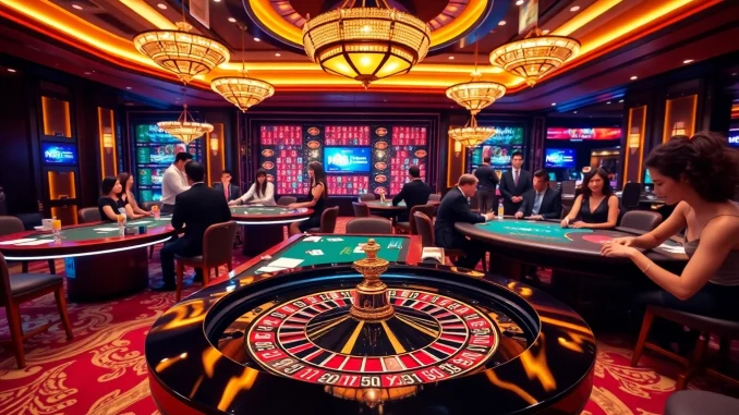 Exciting gambling scene depicting nk88 bio's vibrant casino atmosphere with poker and roulette tables.