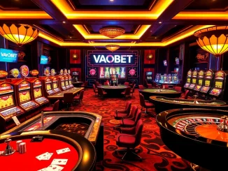 Experience the excitement of gambling at VAOBET with luxurious casino tables and vibrant slot machines.