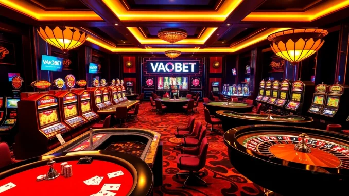 Experience the excitement of gambling at VAOBET with luxurious casino tables and vibrant slot machines.