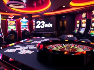 Experience excitement at 23win.com with dynamic online gambling visuals featuring casino tables and slots.