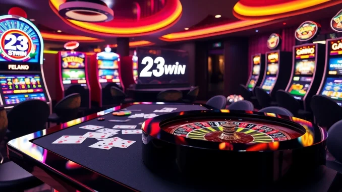 Experience excitement at 23win.com with dynamic online gambling visuals featuring casino tables and slots.