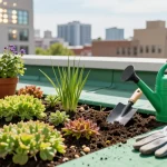 wat kost een groendak per m2 afgebeeld in een levendige daktuin, met sedumplanten en gereedschap in een zonnige stedelijke omgeving.