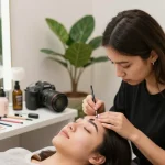 Getalenteerde artiest die poederwenkbrauwen aanbrengt in een heldere beautystudio.