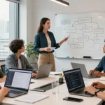 Team collaborating to build internal tools with AI in a modern workspace.